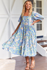 JAASE - Rosella Midi Dress - Milkmaid Neckline with Buttoned Bodice in Blue Dusk Print