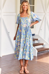 JAASE - Rosella Midi Dress - Milkmaid Neckline with Buttoned Bodice in Blue Dusk Print