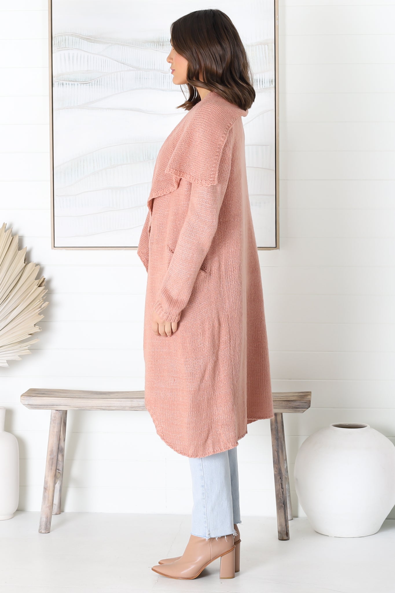 Ryden Cardigan - Thick Lapel Waterfall Collar Cardigan with Pockets in Blush