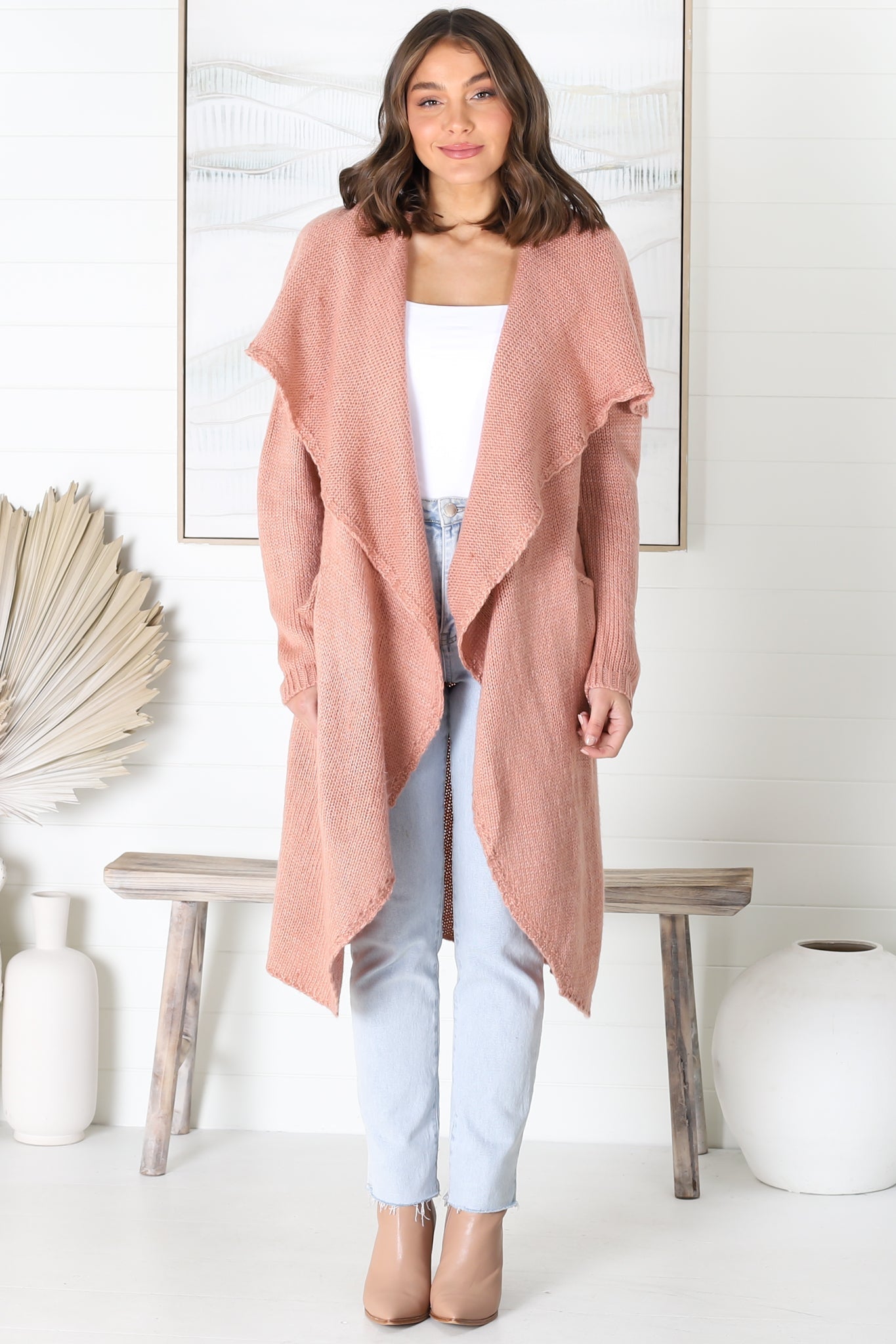Ryden Cardigan - Thick Lapel Waterfall Collar Cardigan with Pockets in Blush