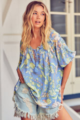 JAASE - Sebastian Blouse: Mandarin Collar with V Neckline Blouse in Blue Dusk Print