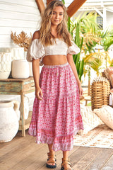 JAASE - Shayla Maxi Skirt: Scoop Tiered Hem High Waisted Skirt in Rose Blossom Print