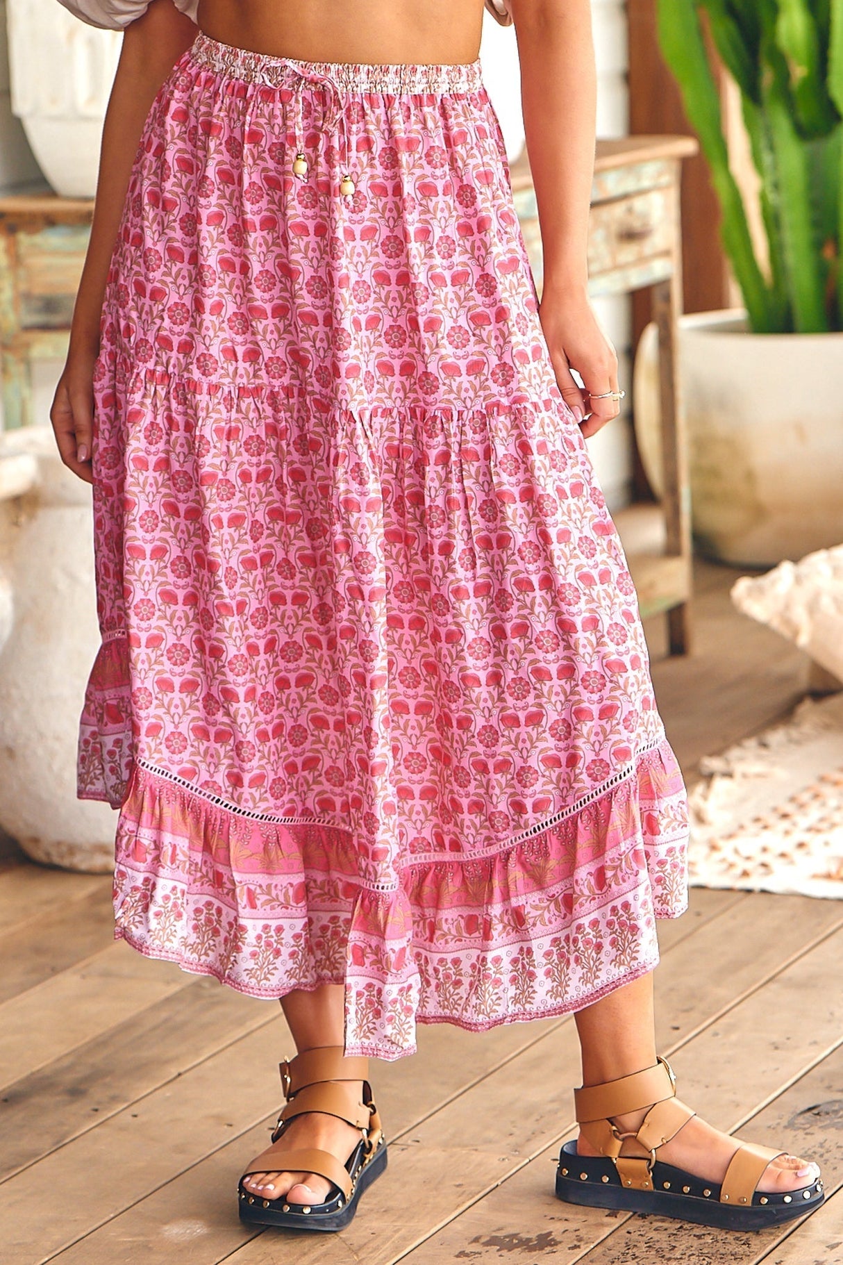 JAASE - Shayla Maxi Skirt: Scoop Tiered Hem High Waisted Skirt in Rose Blossom Print