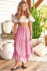 JAASE - Shayla Maxi Skirt: Scoop Tiered Hem High Waisted Skirt in Rose Blossom Print