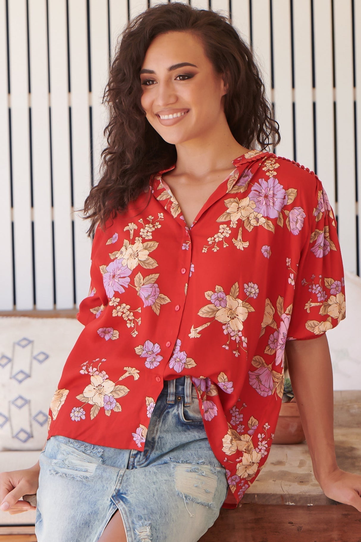 JAASE - Sierra Top: Short Balloon Sleeve Button Down Shirt in Aiko Print