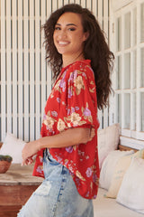 JAASE - Sierra Top: Short Balloon Sleeve Button Down Shirt in Aiko Print