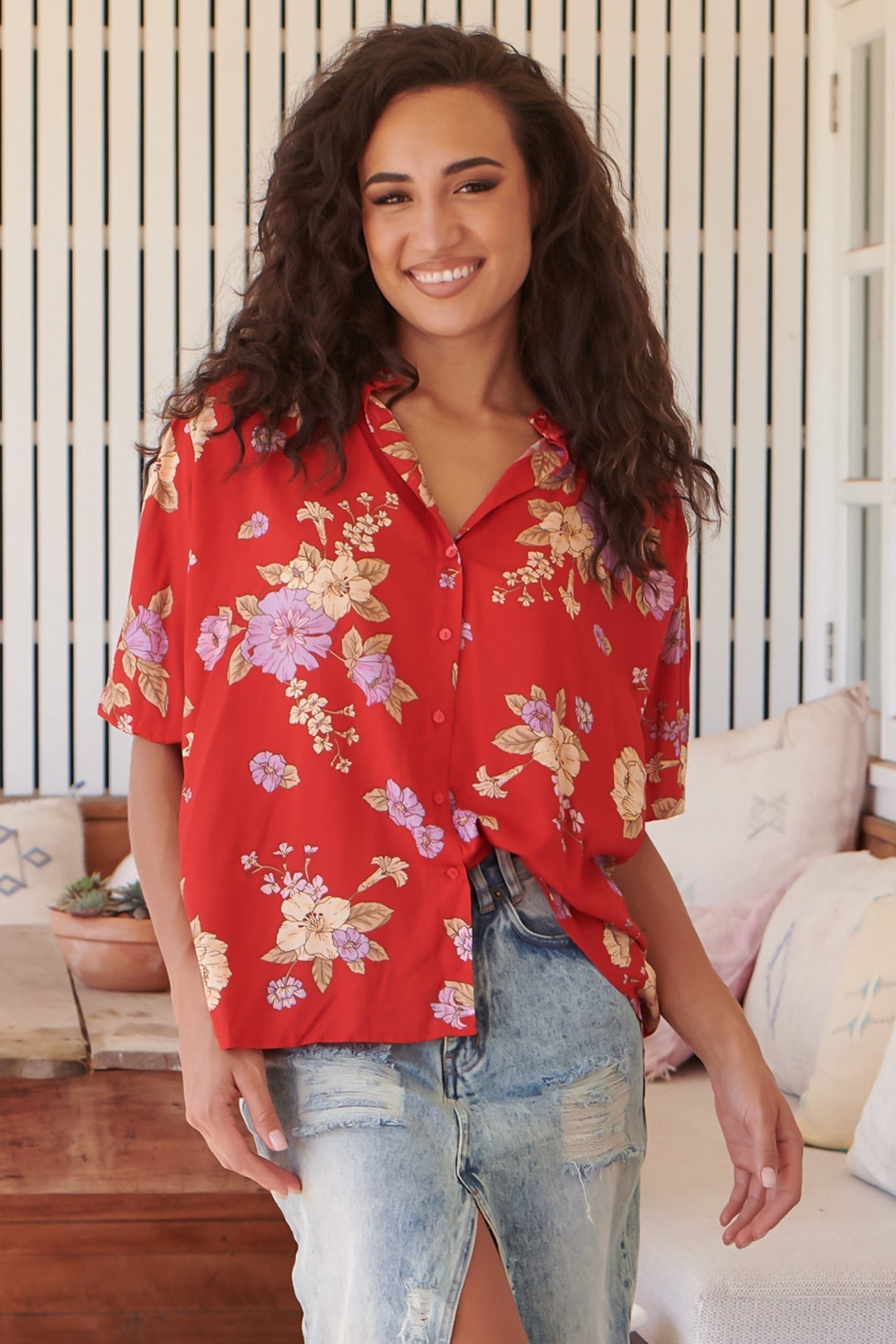 JAASE - Sierra Top: Short Balloon Sleeve Button Down Shirt in Aiko Print