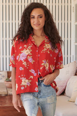 JAASE - Sierra Top: Short Balloon Sleeve Button Down Shirt in Aiko Print