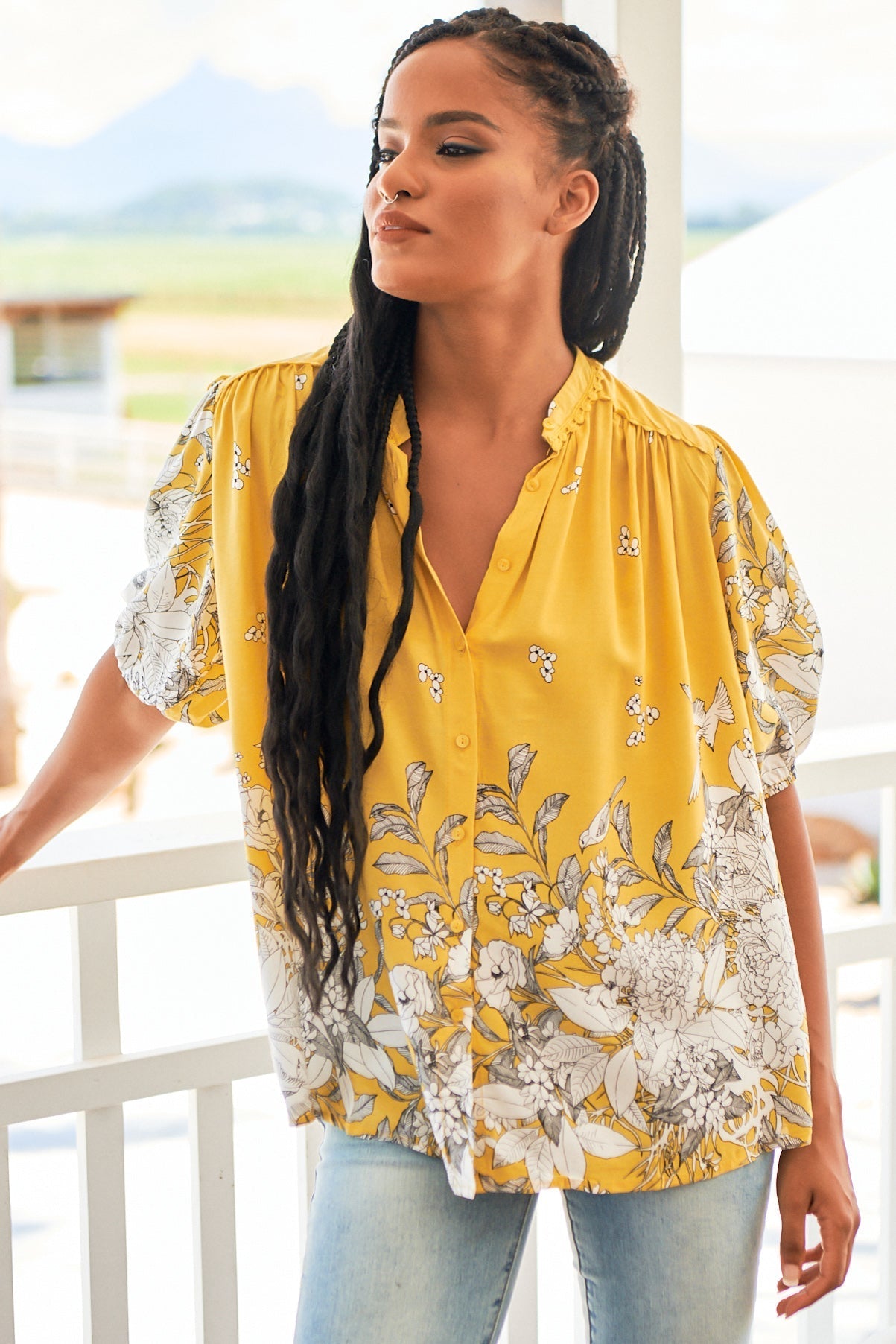 JAASE - Sierra Top: Short Balloon Sleeve Button Down Shirt in Calla Print