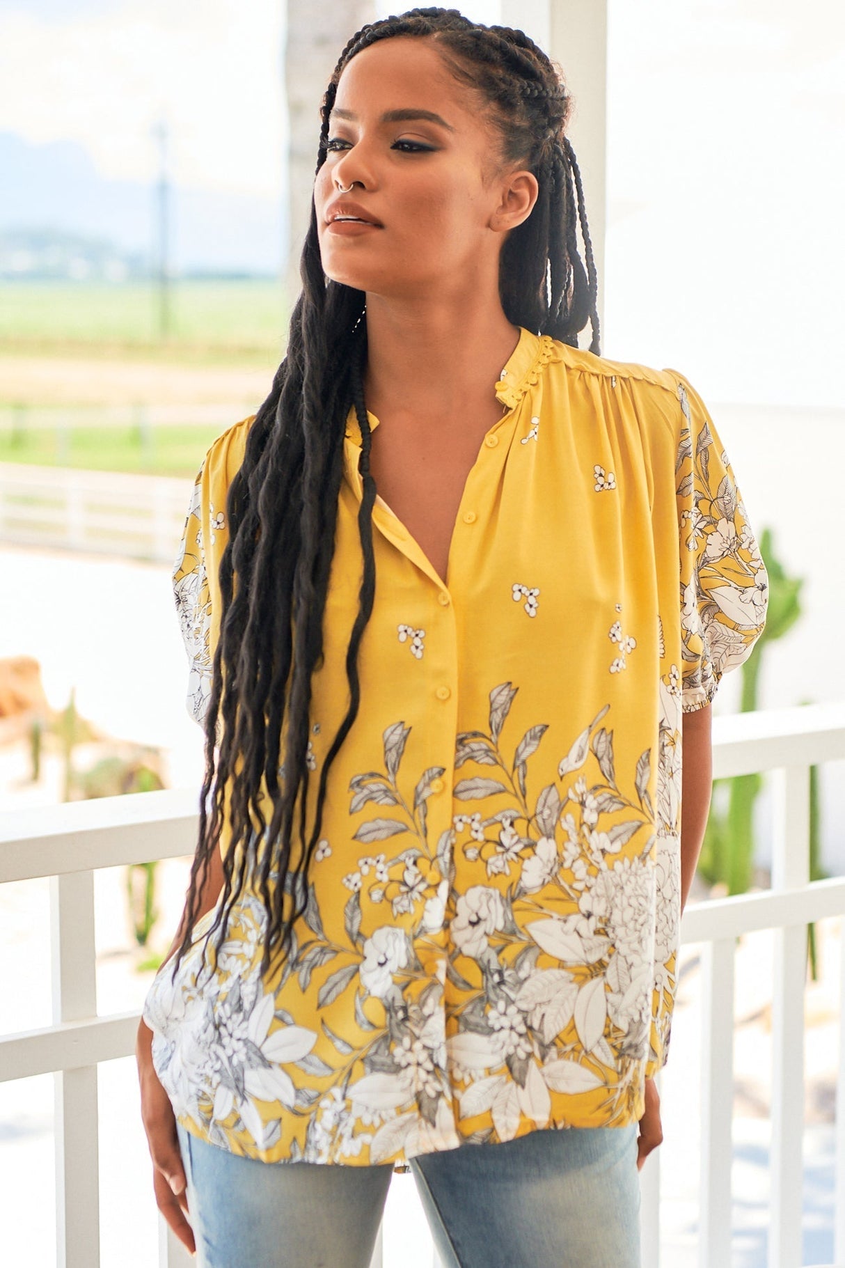 JAASE - Sierra Top: Short Balloon Sleeve Button Down Shirt in Calla Print