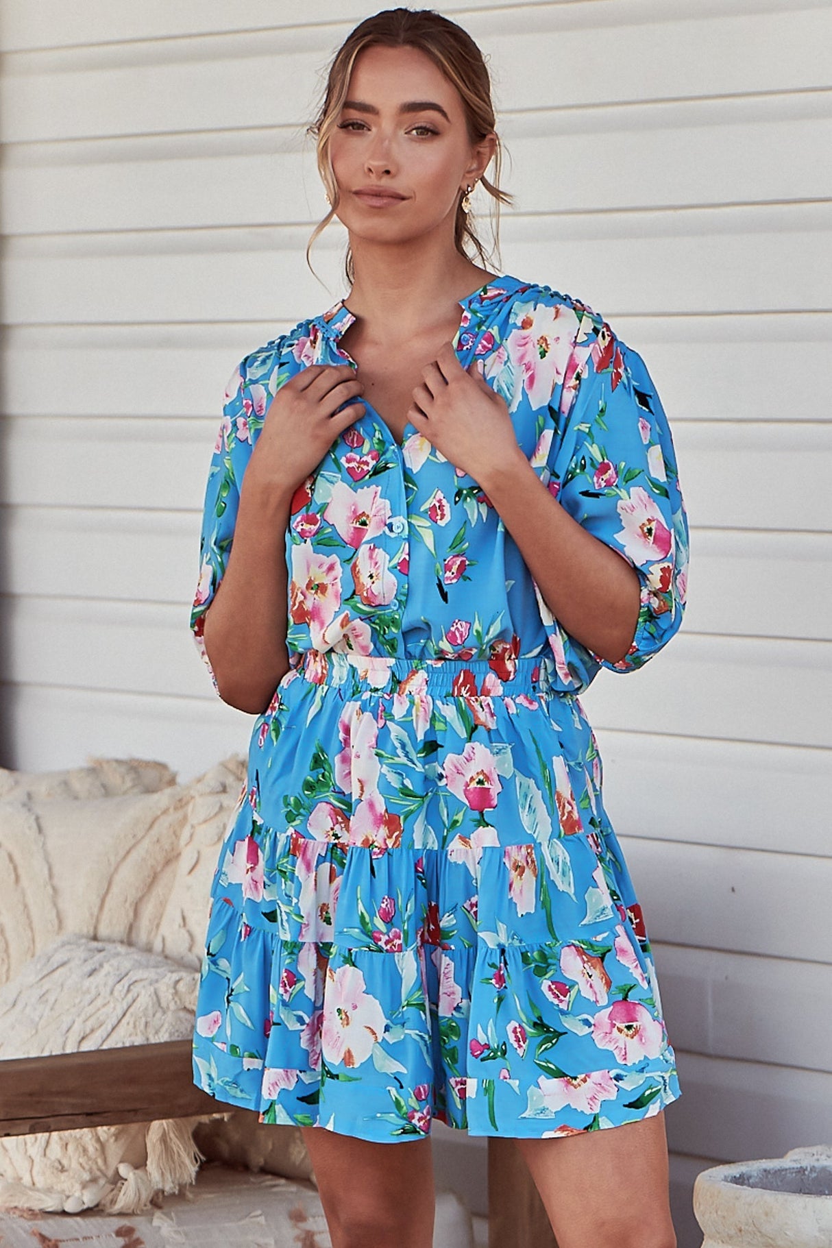 JAASE - Sierra Top: Short Balloon Sleeve Button Down Shirt in Imagination Print