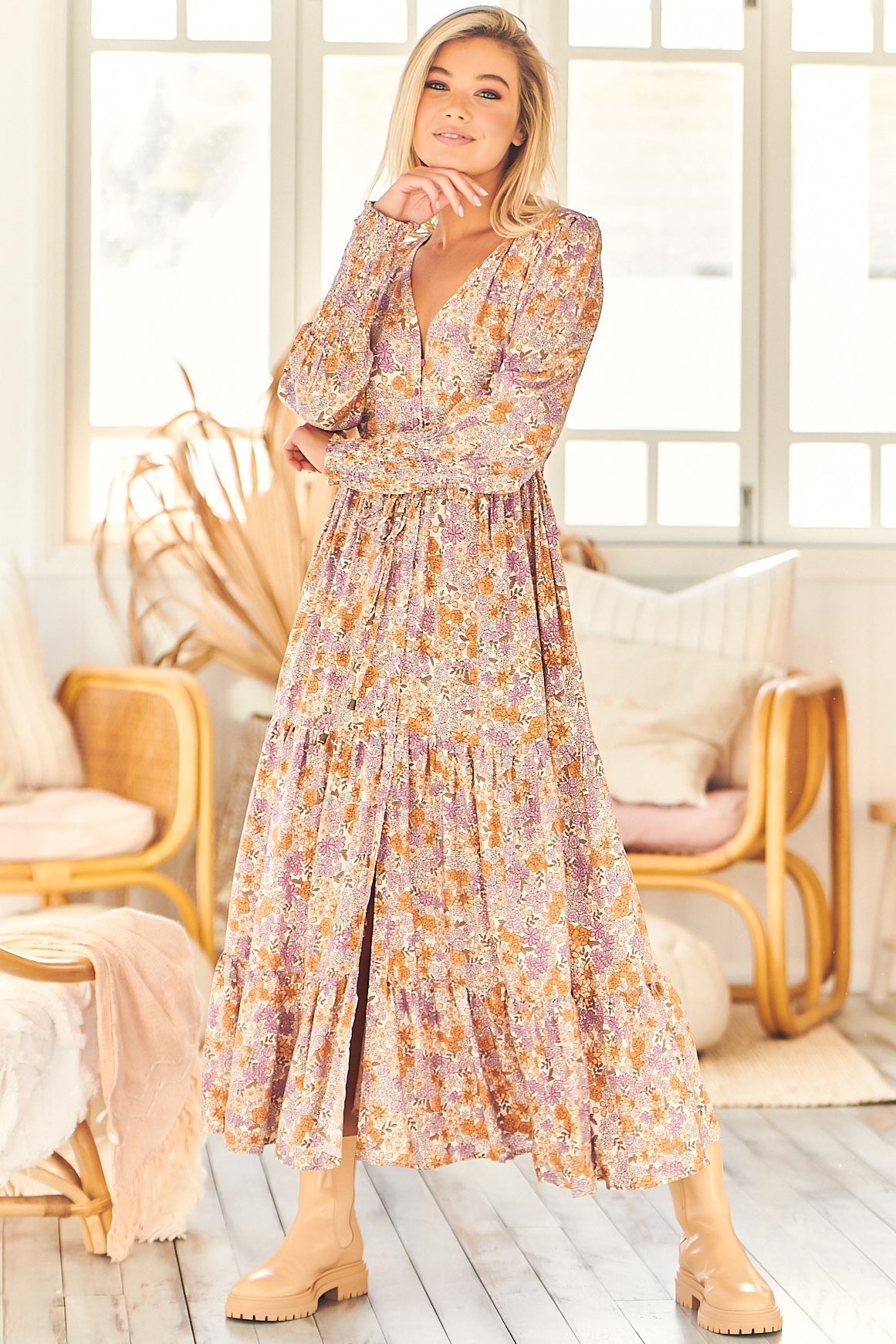 JAASE - Stephanie Maxi Dress: V Neckline with Buttoned Bodice in Amity Print