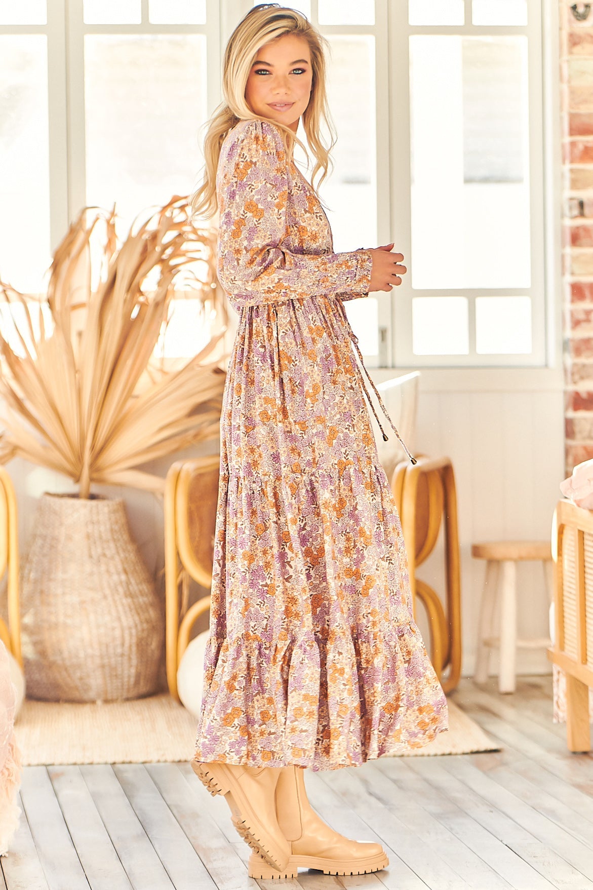 Stephanie Maxi Dress - V Neckline with Buttoned Bodice in Amity Print