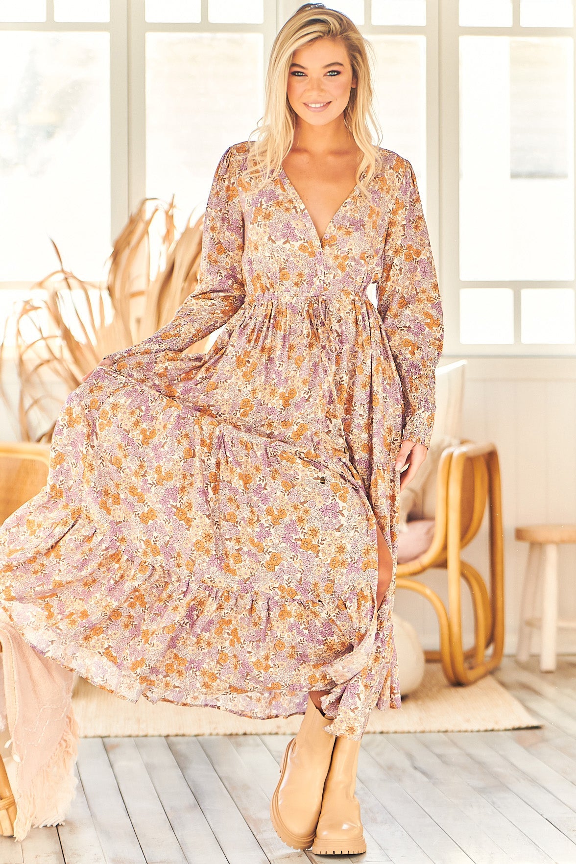 JAASE - Stephanie Maxi Dress: V Neckline with Buttoned Bodice in Amity Print