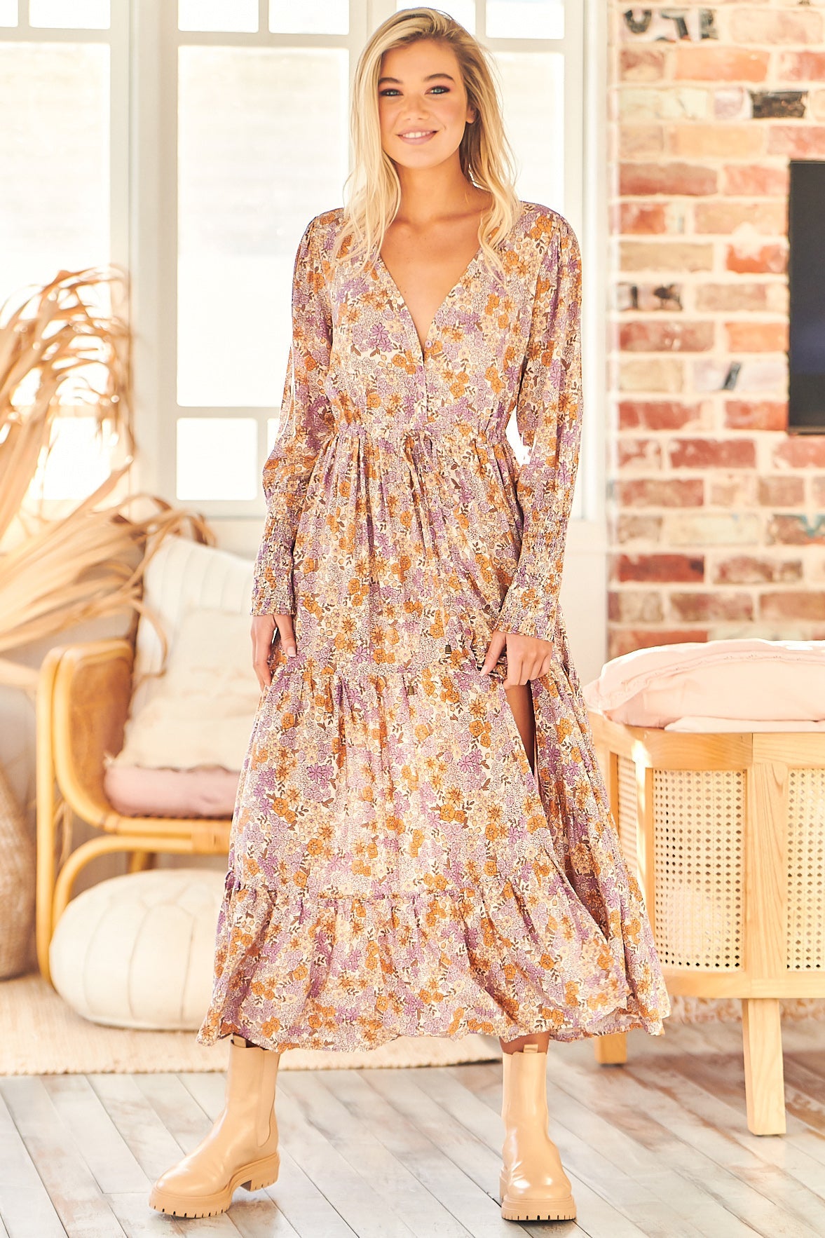 Stephanie Maxi Dress - V Neckline with Buttoned Bodice in Amity Print