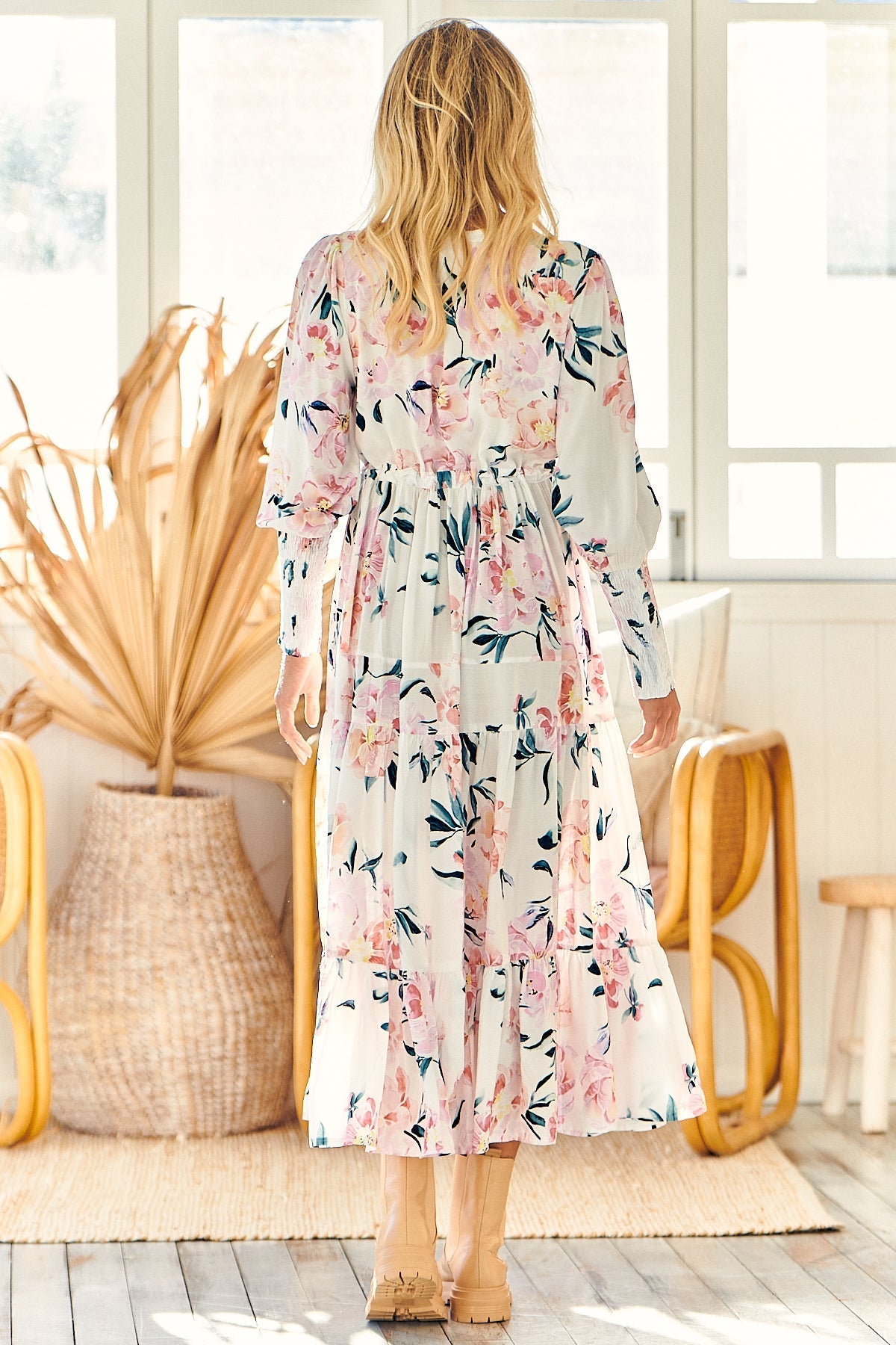 JAASE- Stephanie Maxi Dress: V Neckline with Buttoned Bodice in Peony Princess Print