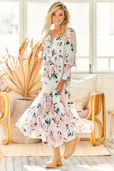 JAASE- Stephanie Maxi Dress: V Neckline with Buttoned Bodice in Peony Princess Print