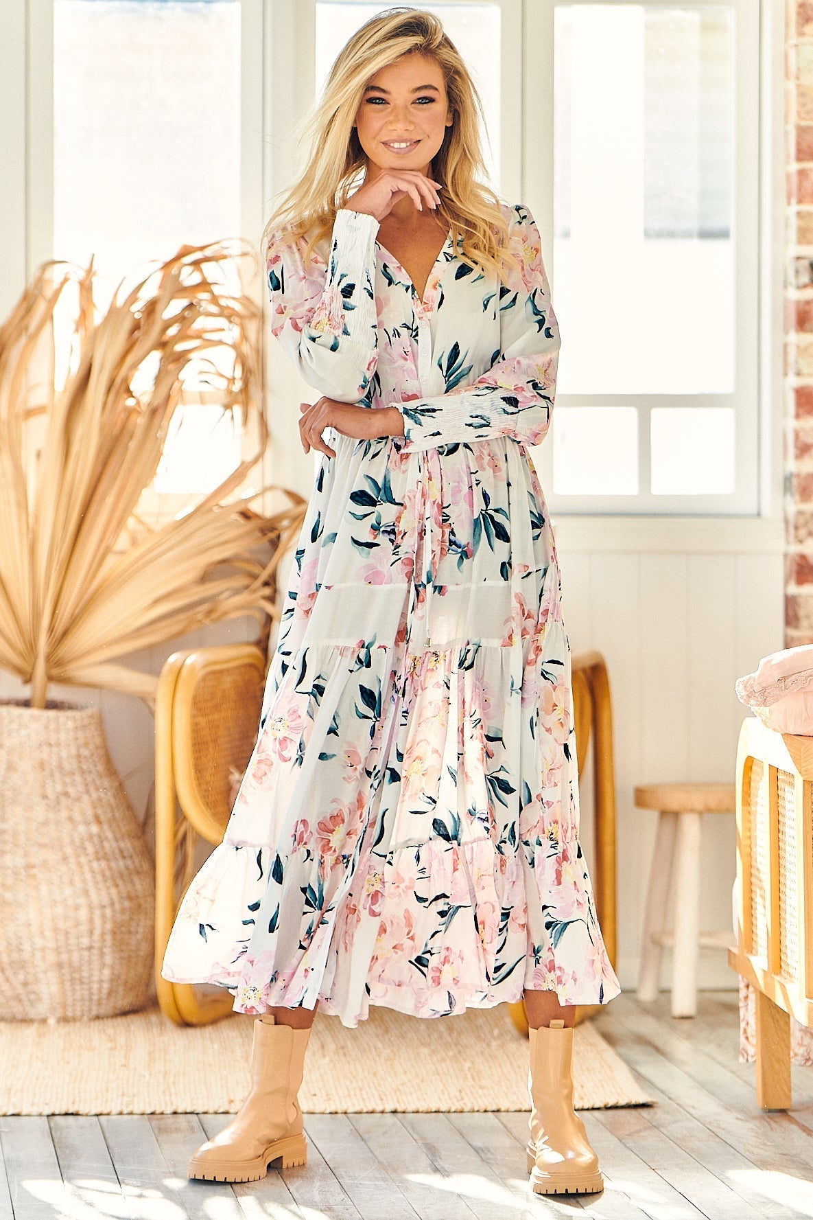 JAASE- Stephanie Maxi Dress: V Neckline with Buttoned Bodice in Peony Princess Print