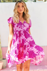 Tracey Mini Dress - Cap Sleeve Dress with Waist Tie in Valentine Print