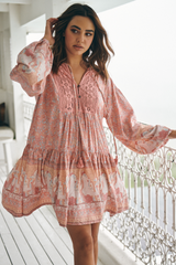 Sparrow Mini Dress - Lace Neckline Balloon Sleeve Smock Dress in Swan Lake Print