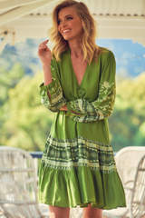 JAASE - Payson Mini Dress: Border Print Button Down Balloon Sleeve Dress in Eshana Print Olive