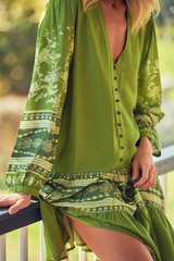 JAASE - Payson Mini Dress: Border Print Button Down Balloon Sleeve Dress in Eshana Print Olive