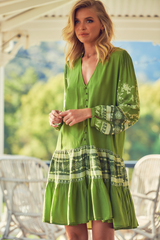 JAASE - Payson Mini Dress: Border Print Button Down Balloon Sleeve Dress in Eshana Print Olive