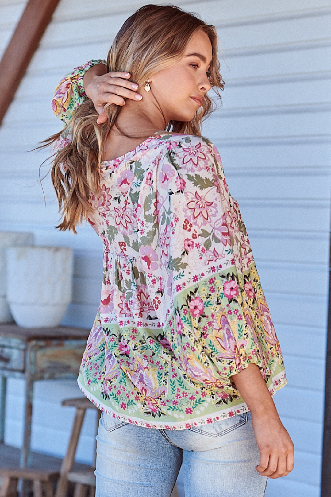 JAASE - Indira Top: Crew Neck Buttoned Bodice Smock Top in Sakura Print