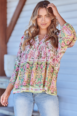 JAASE - Indira Top: Crew Neck Buttoned Bodice Smock Top in Sakura Print