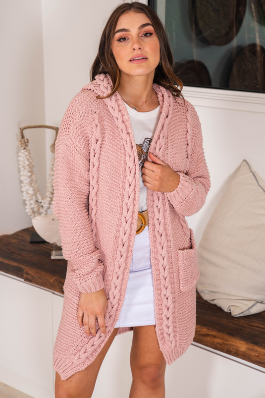 Toolara Cardigan - Thick Cable Knit Hooded Cardigan with Pocket in Pink
