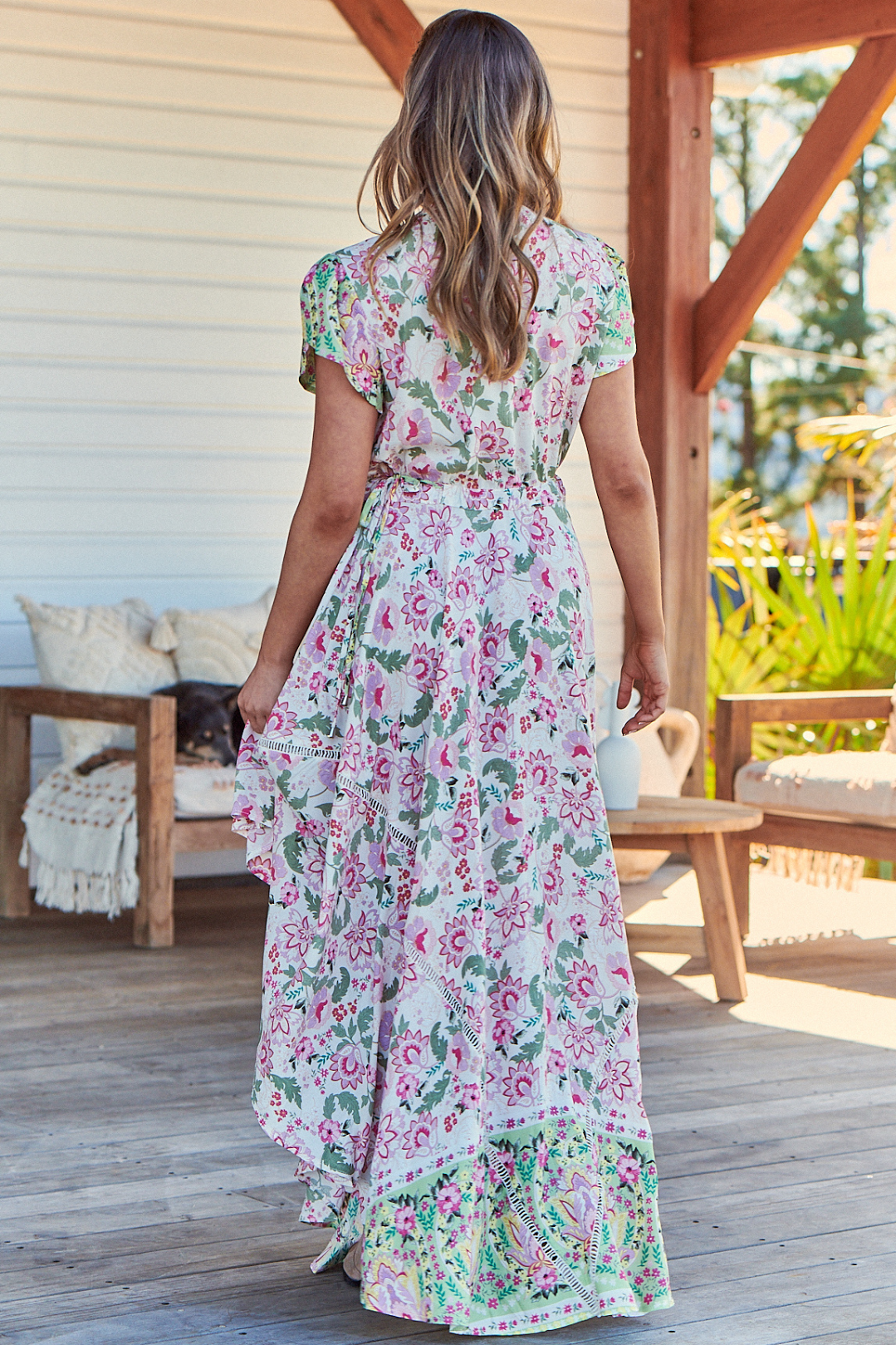 JAASE - Asher Maxi Dress: Bermuda Collar Lace Detail Handkerchief Hemline Dress in Sakura Print