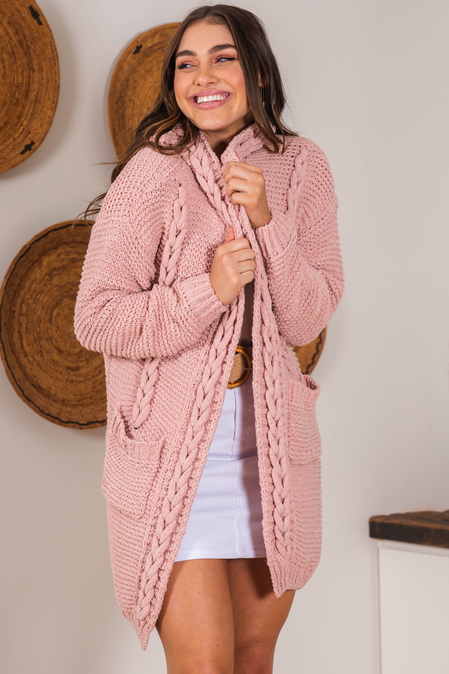Toolara Cardigan - Thick Cable Knit Hooded Cardigan with Pocket in Pink