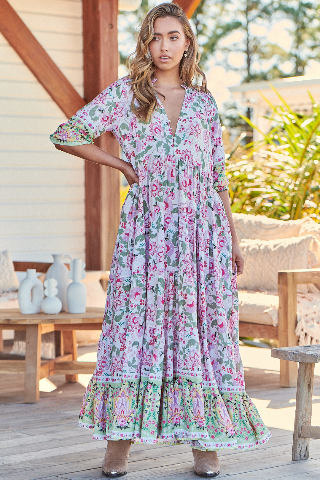 JAASE - Tillie Maxi Dress: Relaxed Tiered Dress with V Neckline in Sakura Print