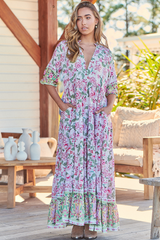 JAASE - Tillie Maxi Dress: Relaxed Tiered Dress with V Neckline in Sakura Print