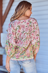 JAASE - Indira Top: Crew Neck Buttoned Bodice Smock Top in Sakura Print