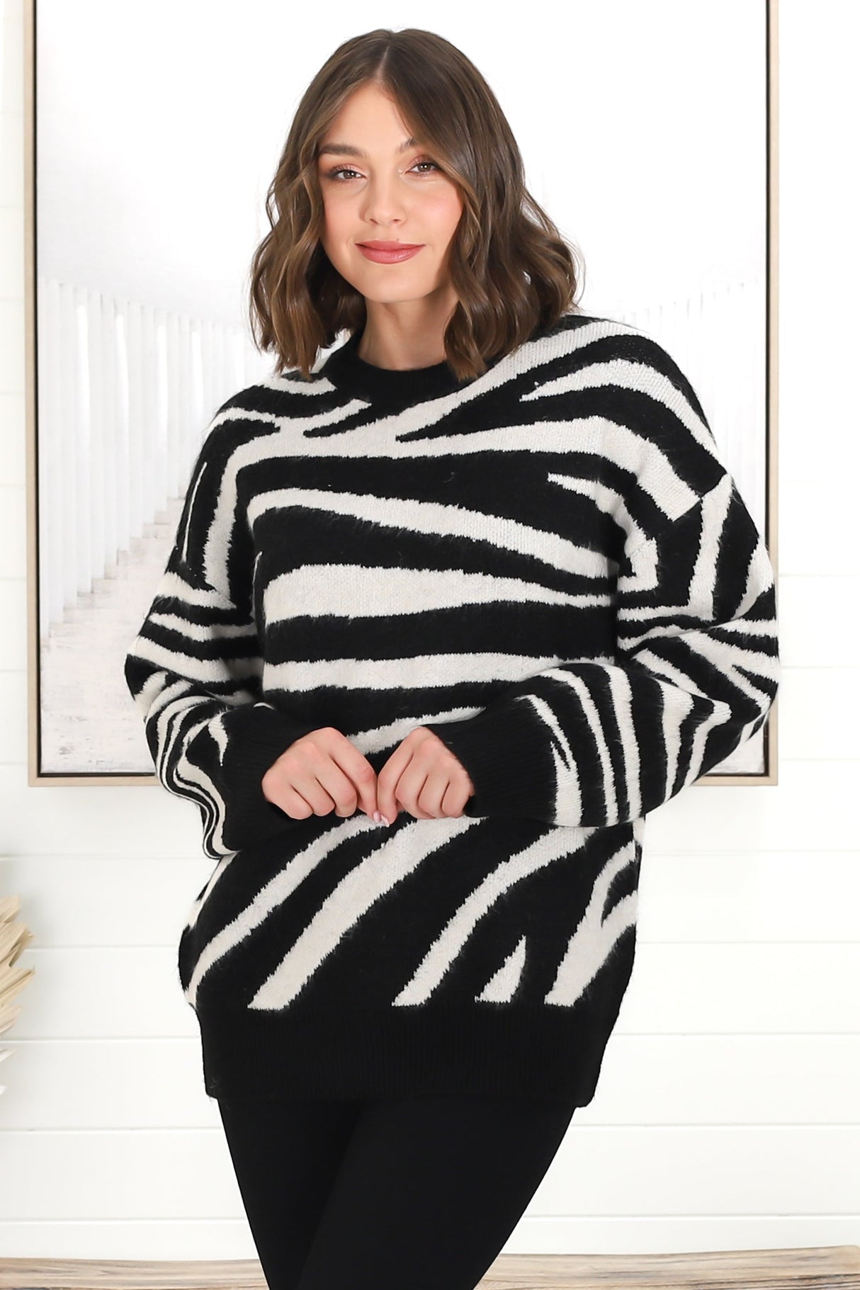 Zebra Jumper - Crew Neck Zebra Print Knit Jumper