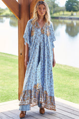 JAASE - Zulu Maxi Dress: Bell Sleeve Button Down Smock Dress in Enchanted Garden Print