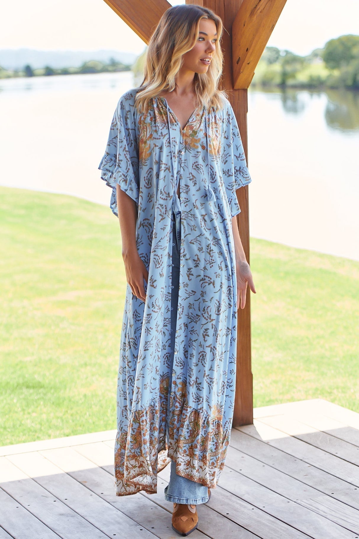 JAASE - Zulu Maxi Dress: Bell Sleeve Button Down Smock Dress in Enchanted Garden Print