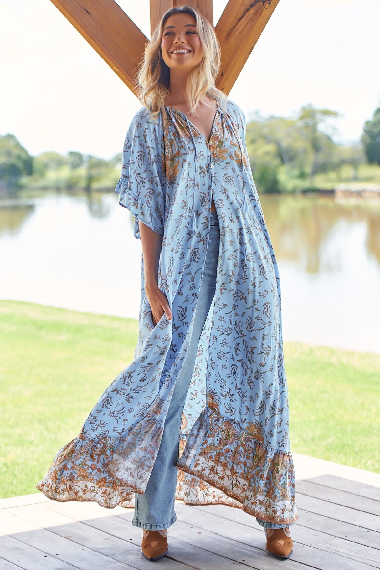 JAASE - Zulu Maxi Dress: Bell Sleeve Button Down Smock Dress in Enchanted Garden Print