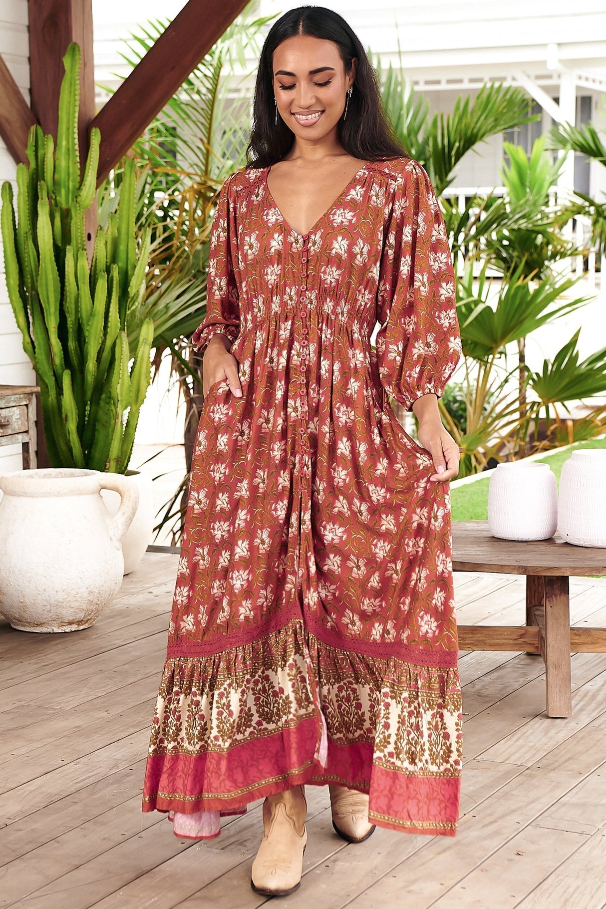 JAASE - Zuri Maxi Dress: V Neckline with Buttoned Bodice Dress in Suraya Print