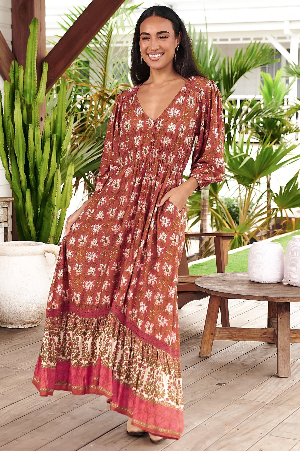 JAASE - Zuri Maxi Dress: V Neckline with Buttoned Bodice Dress in Suraya Print