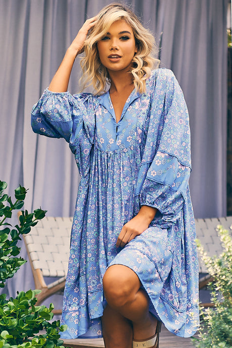 JAASE - Adela Mini Dress: Oversized Smock Dress with Batwing Sleeves in Butterfly Fields Print