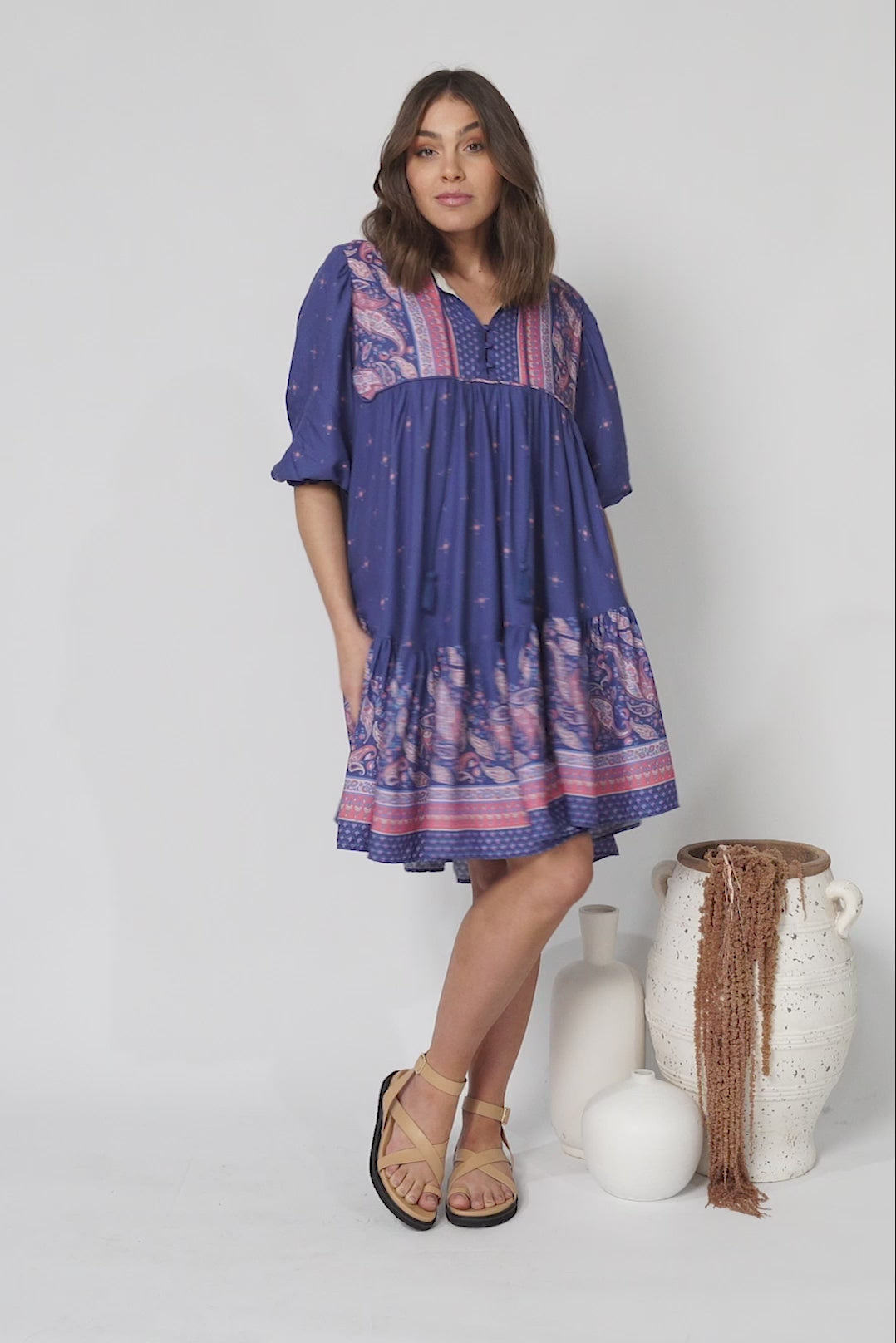 Goldie Mini Dress - Crew Neckline with Tassel Ties Smock Dress in Celestial Print