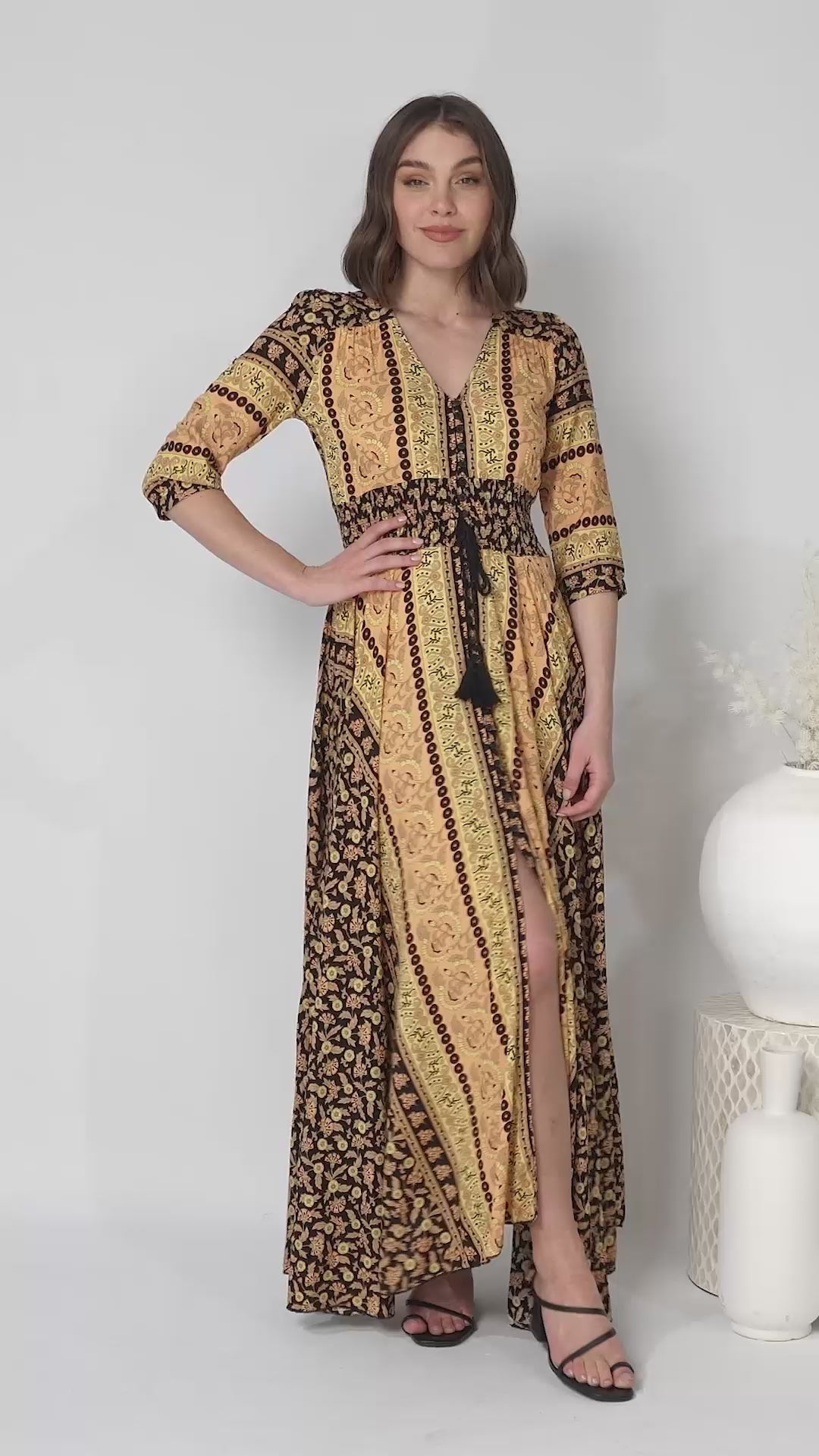 JAASE - Indiana Maxi Dress: Lace Back Shirred Waist A Line Dress with Handkerchief Hemline in Queen of the Night Print