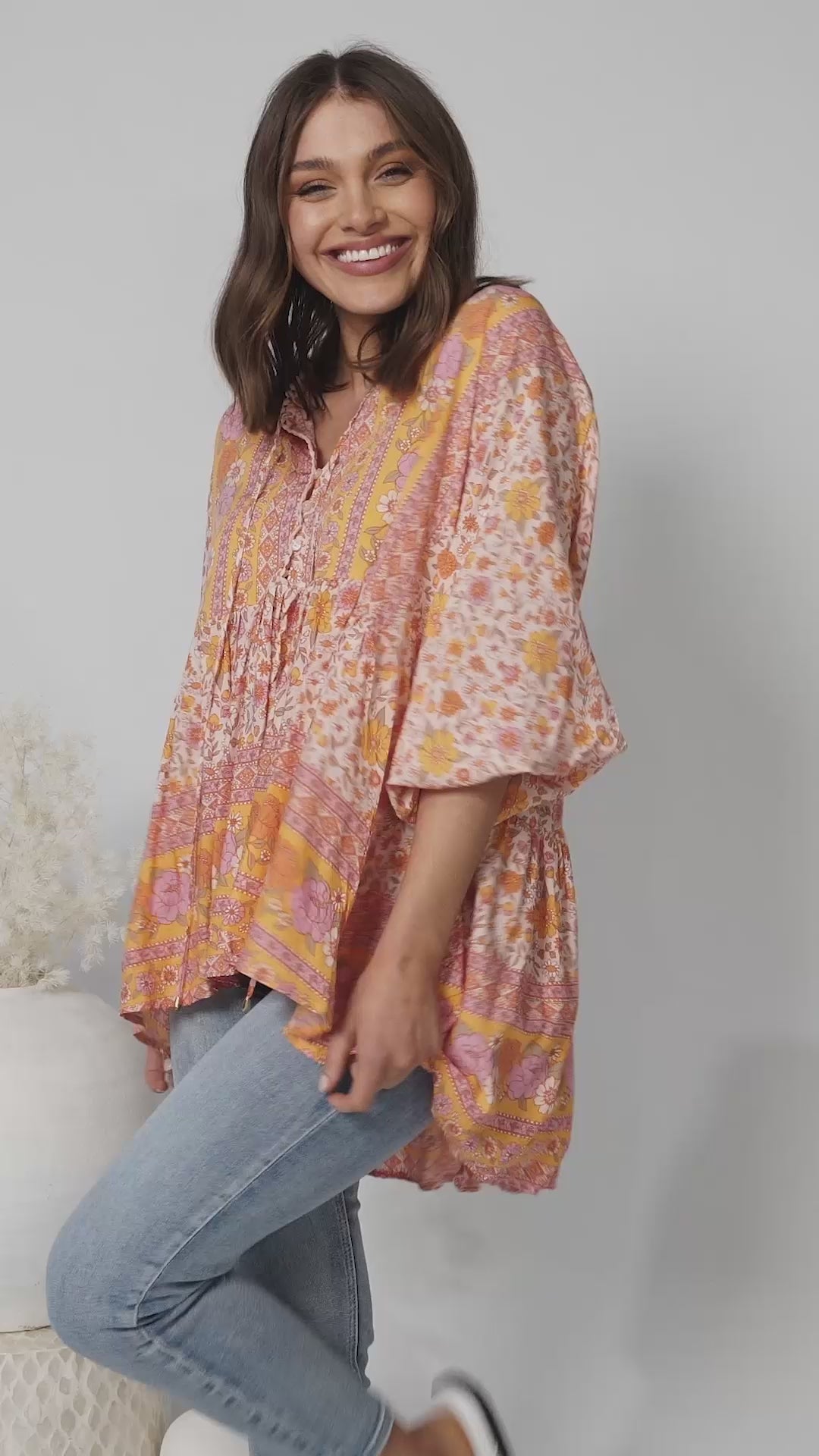 JAASE - Chloe Top: Very Oversized Crochet Trim Neckline Smock Top in Amor Print