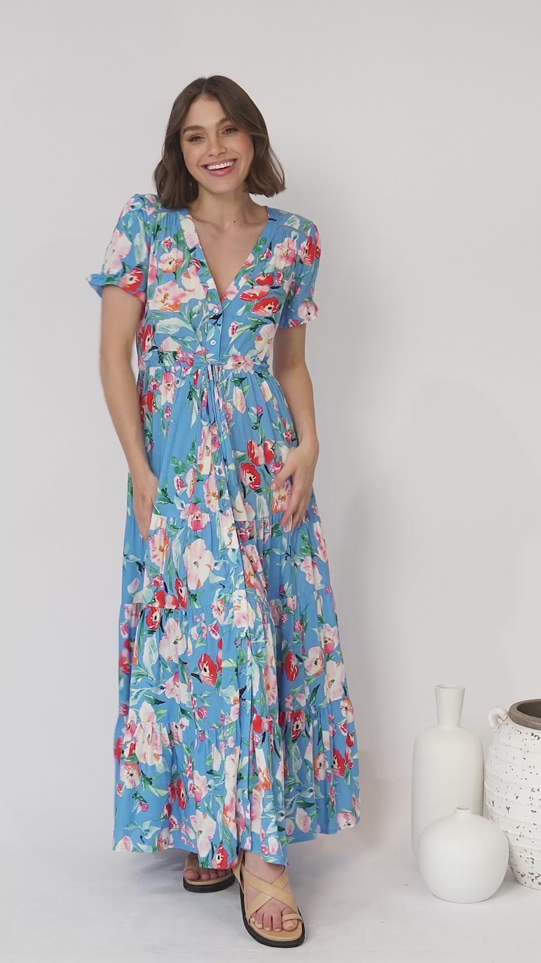 JAASE - June Maxi Dress: Pull Tie Waist Button Down Dress in Imagination Print