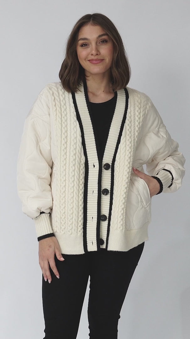 Acer Jacket - Cable Knit Front with Puffer Sleeve Jacket in Beige