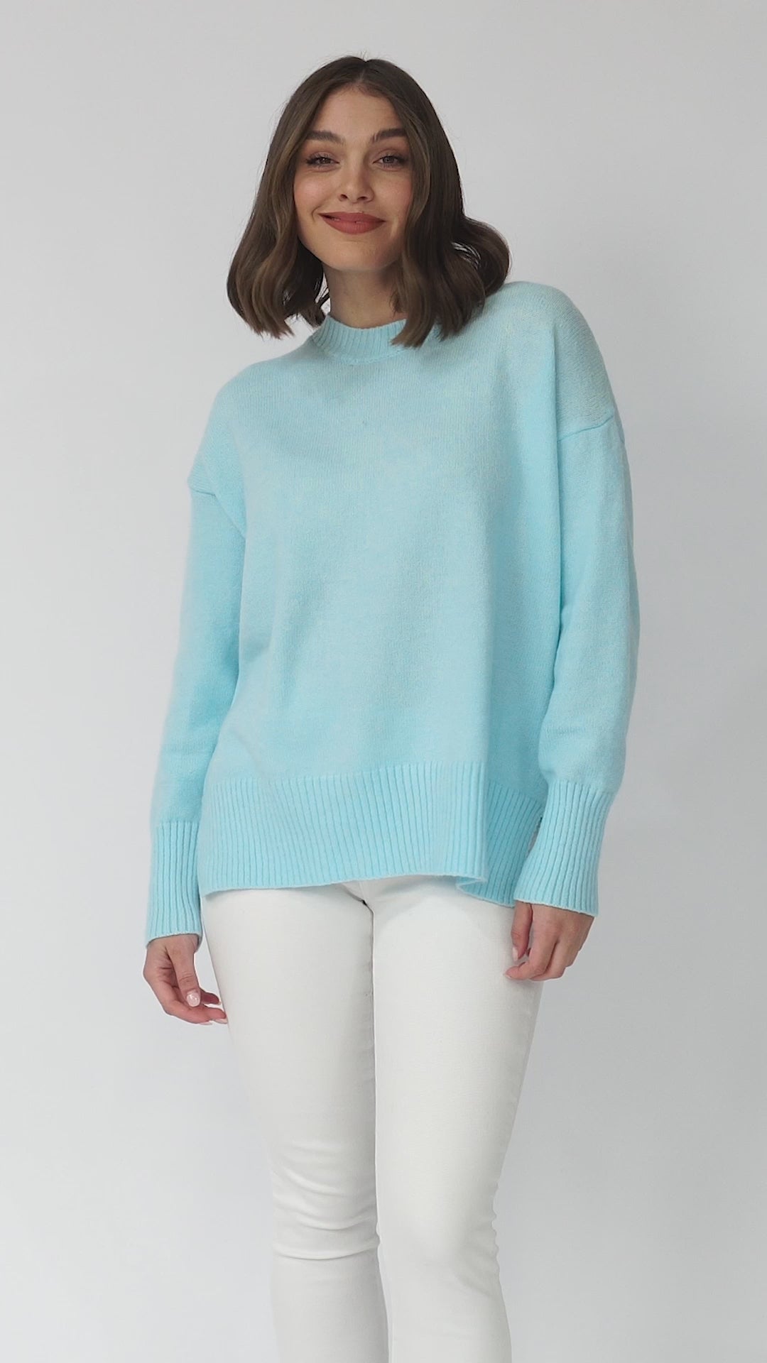 Rita Jumper - Relaxed Crew Neck Knit with Side Splits in Light Blue