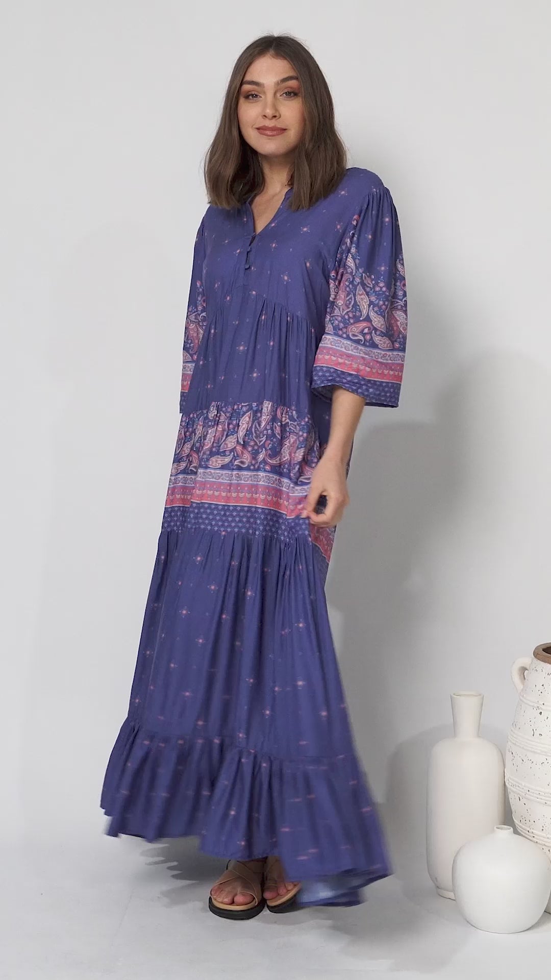 Jazmin Maxi Dress - Mandarin Collar Pin Tuck Detailed Smock Dress in Celestial Print