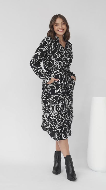 Luma Midi Dress - Folded Collar Long Sleeve Dress with Scooped Hemline in Hala Print